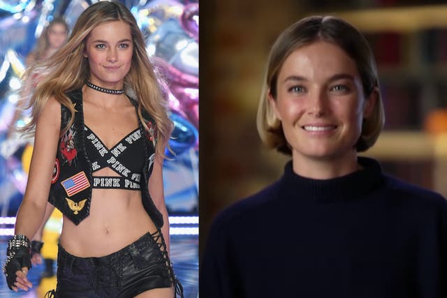 <p>Bridget Malcolm (pictured right in an interview with ‘60 Minutes Australia’ walked in a Victoria’s Secret fashion show in 2015 (left)</p>