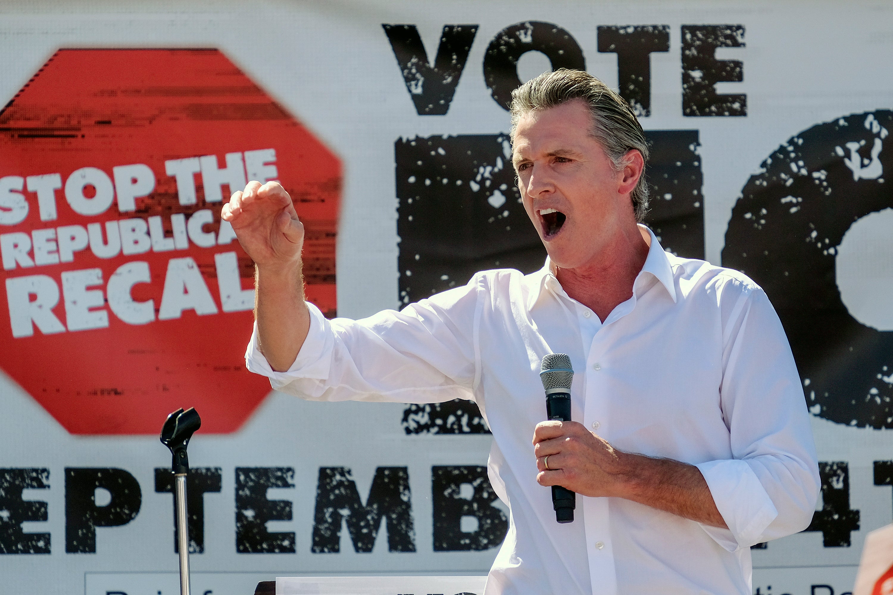 California Gov. Gavin Newsom speaks at a rally against the California gubernatorial recall election on Sunday, Sept. 12, 2021, in Sun Valley, Calif.