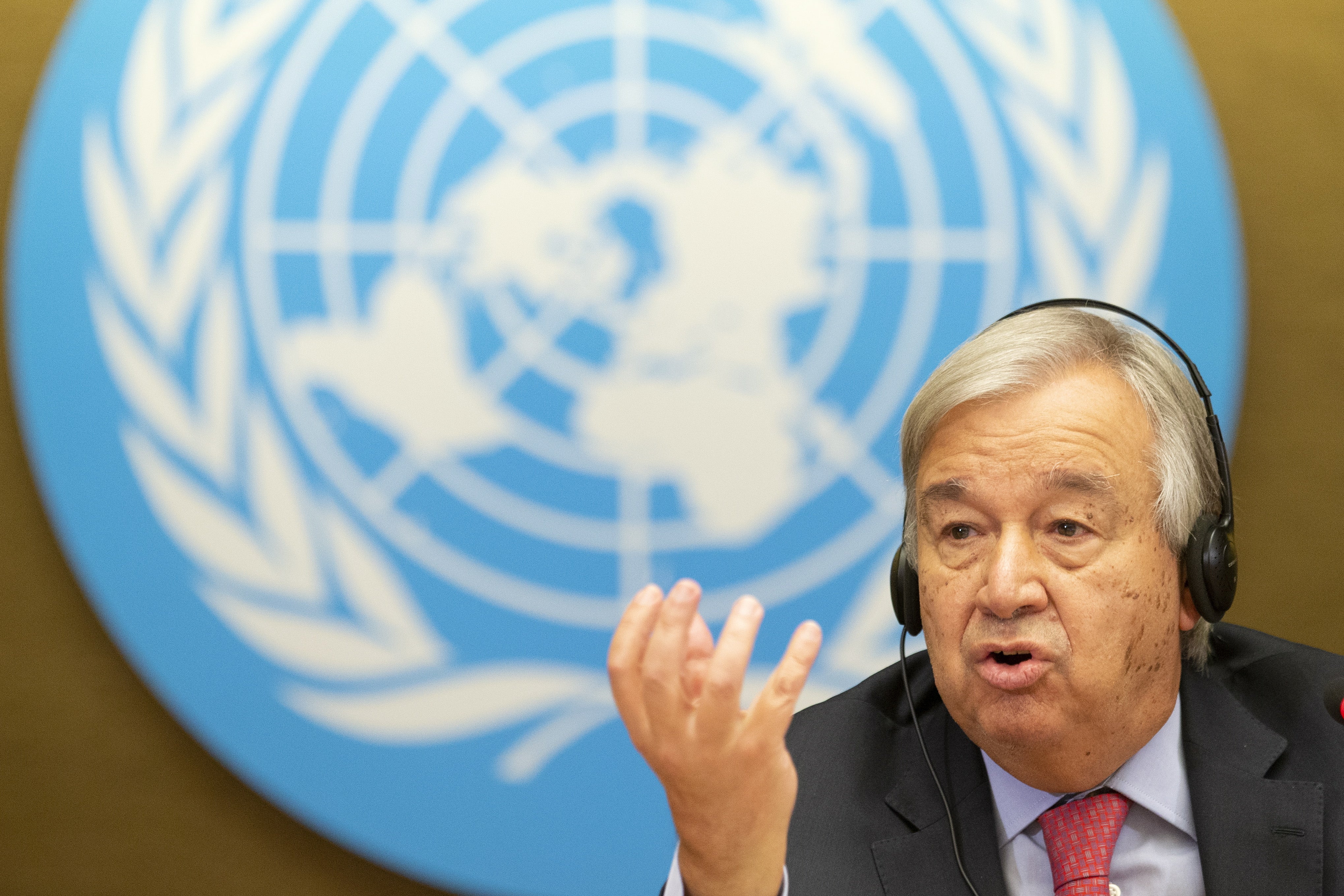 UN secretary-general Antonio Guterres talks to the media about the crisis in Afghanistan