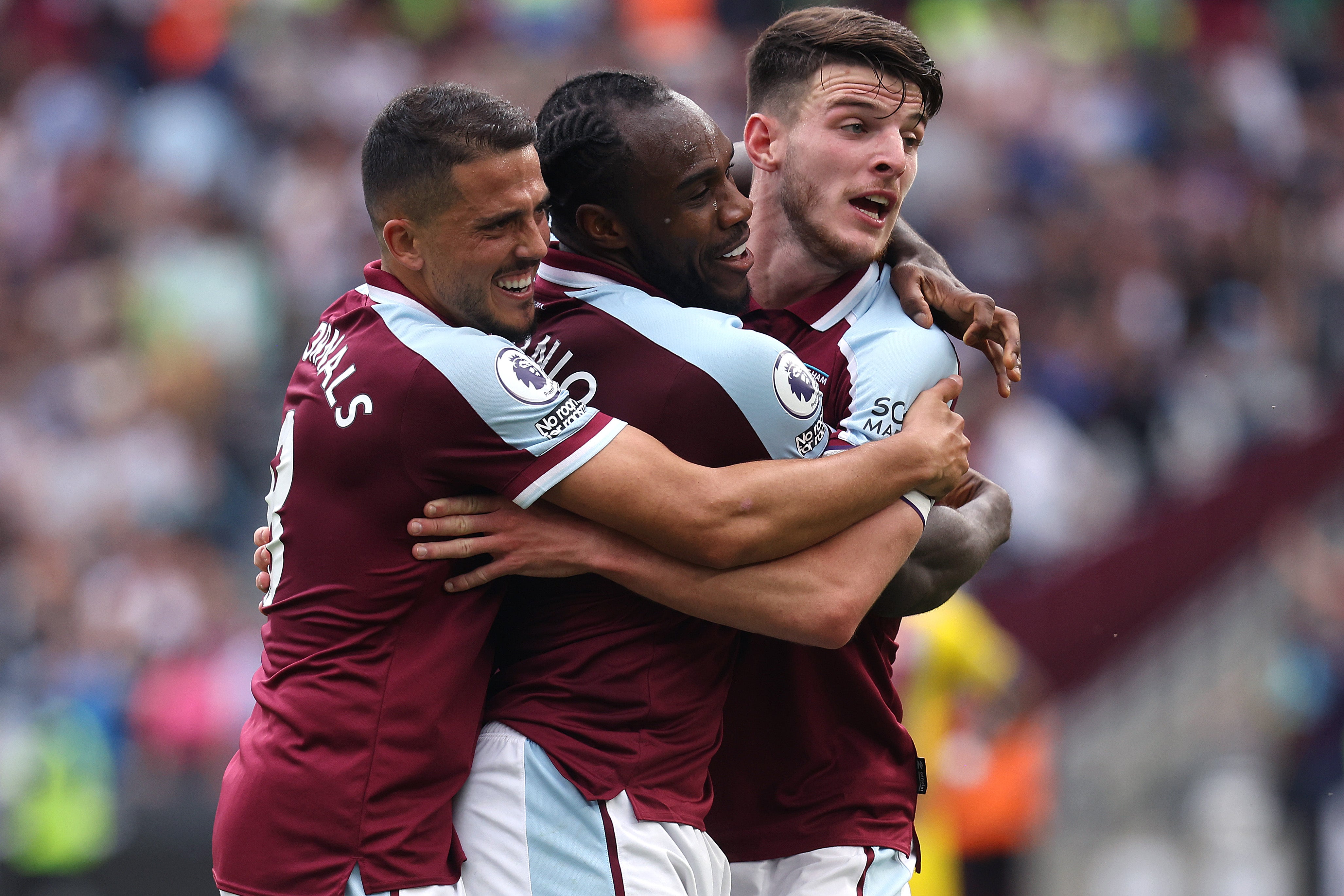 West Ham’s Pablo Fornals, Michail Antonio and Declan Rice (L-R)