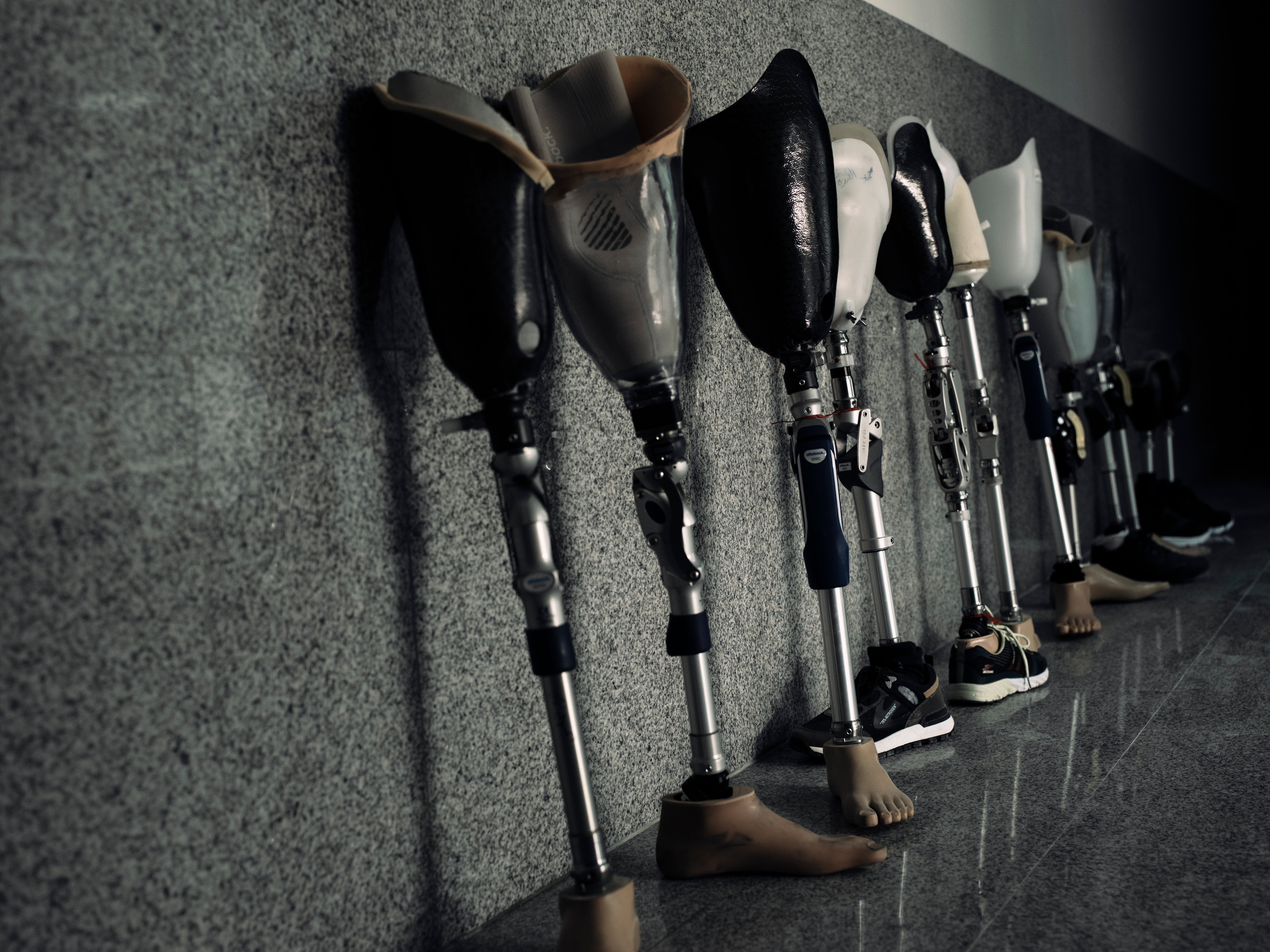 The corridors of Hamad Bin Khlifa Hospital where an assortment of trial and final-fit limbs await collection. A total of 679 Gazans have required amputation across the four wars and the Great March of Return