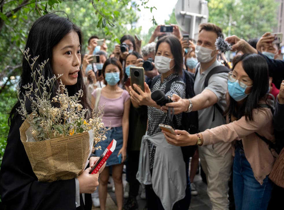 <p>Zhou Xiaoxuan, a former intern at China’s state broadcaster CCTV, speaks outside a courthouse</p>