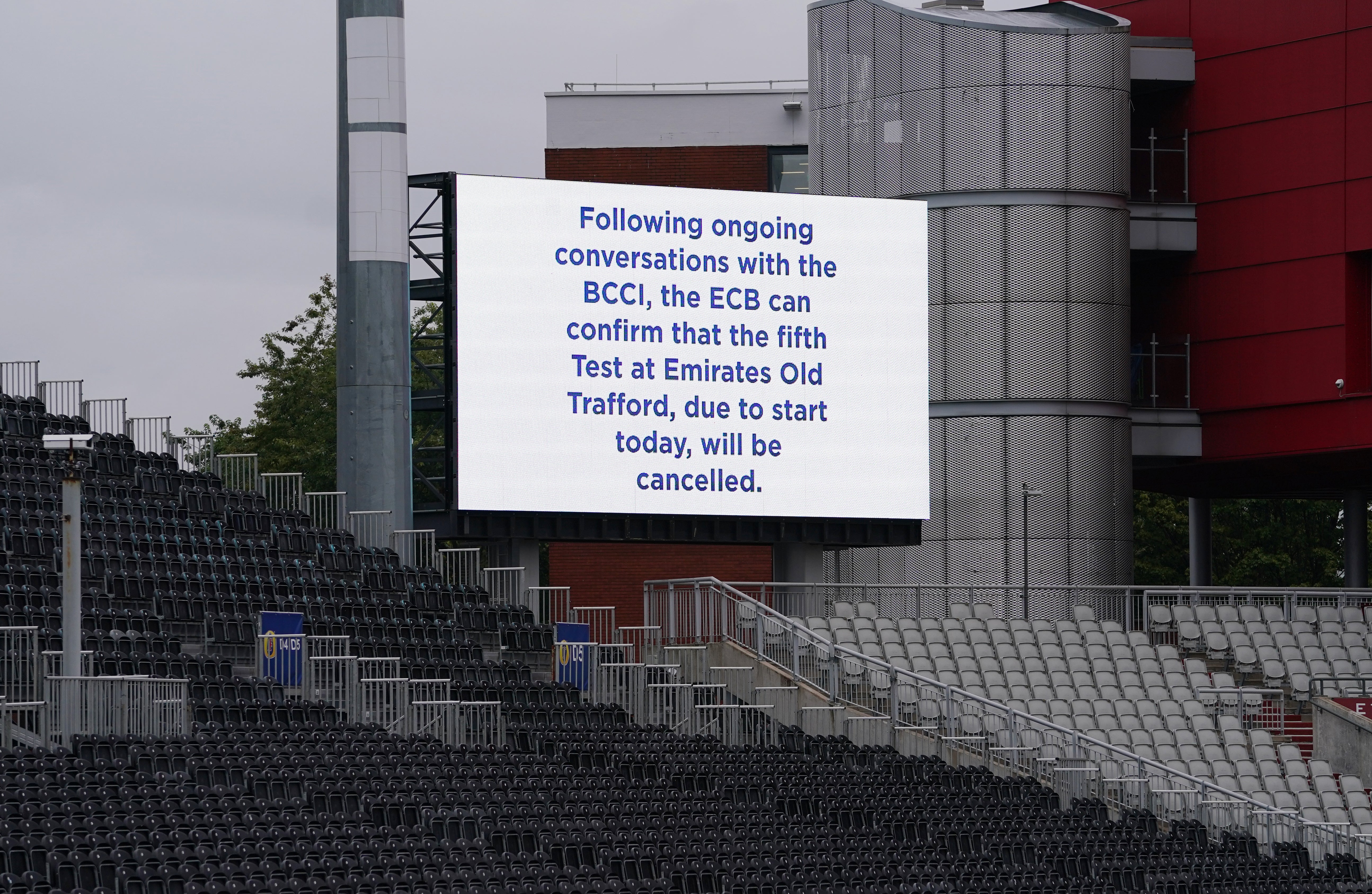 A message displayed at Emirates Old Trafford after the fifth Test between England and India was abandoned over Covid concerns (Martin Rickett/PA)