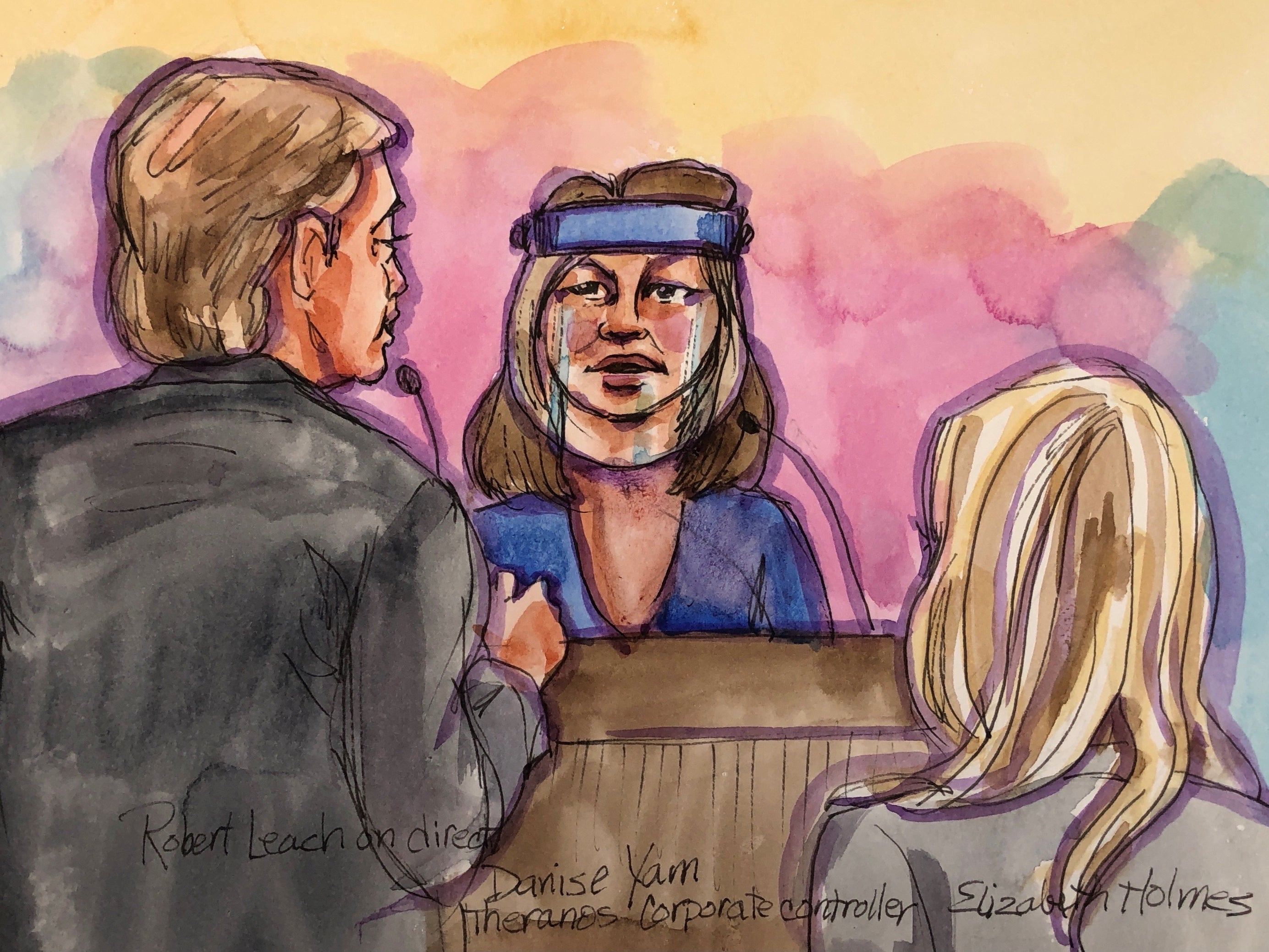 A witness testifies during the trial of Theranos founder Elizabeth Holmes at Robert F. Peckham U.S. Courthouse in San Jose, California, U.S., September 8, 2021 in this courtroom sketch