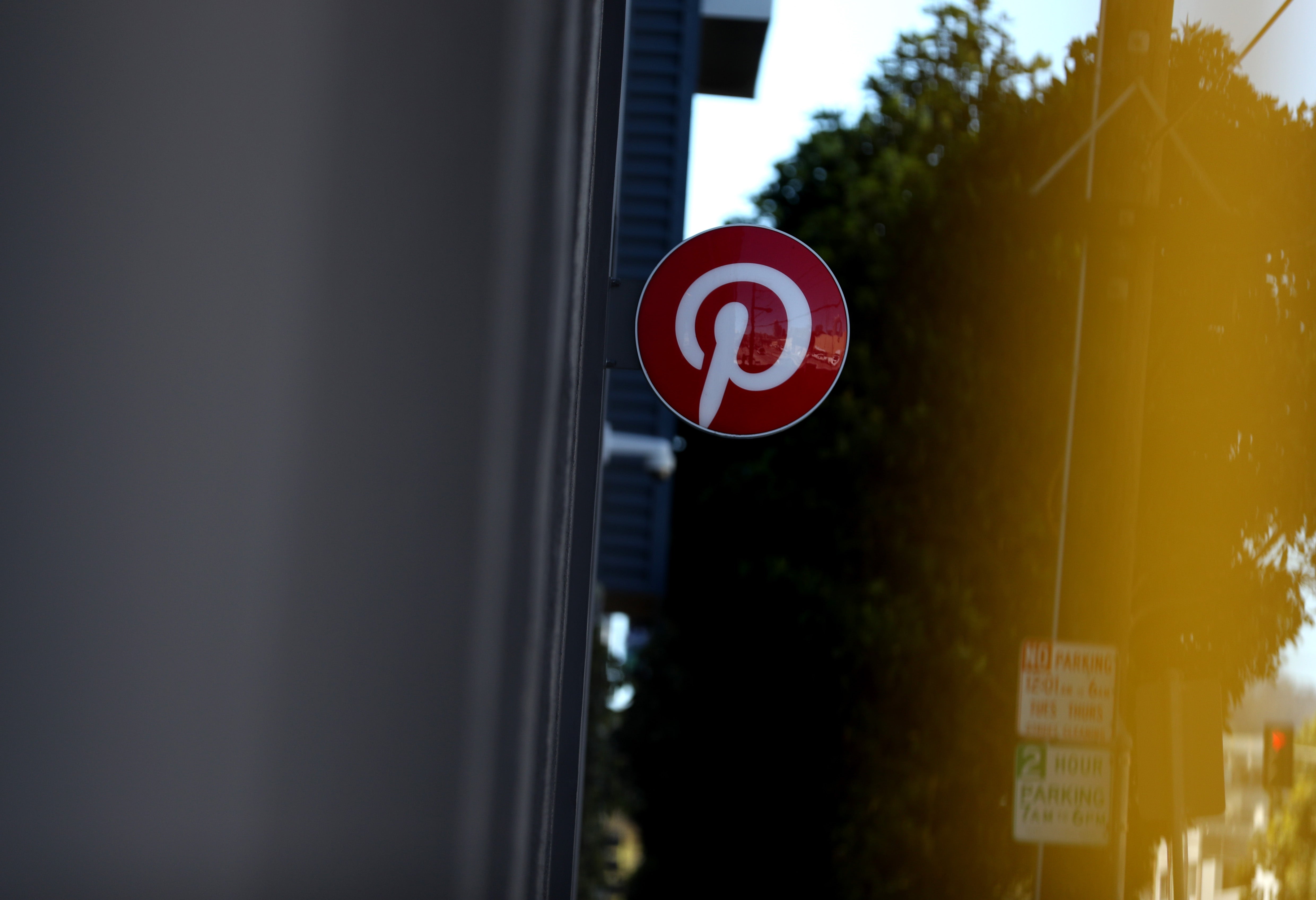 The Pinterest logo outside its San Franscisco HQ
