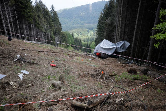 <p>The wreckage of a cable car after it collapsed in May in the Piedmont region, northern Italy </p>