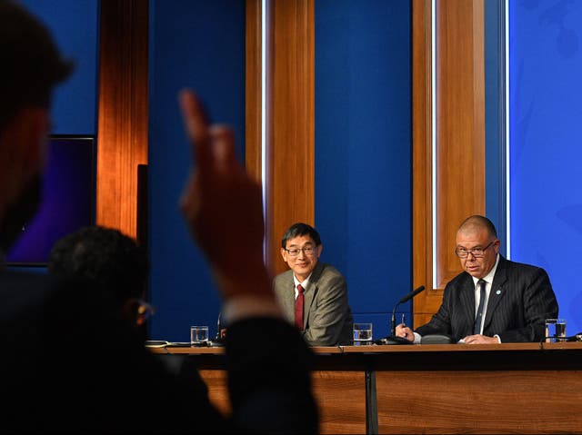 <p>JCVI chair Prof Wei Shen Lim (left) and  Deputy Chief Medical Officer for England Prof Jonathan Van-Tam take questions at Tuesday’s briefing </p>