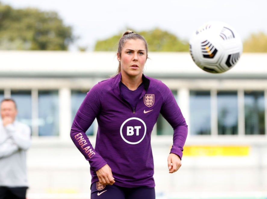 Mary Earps of England looks on during a training session