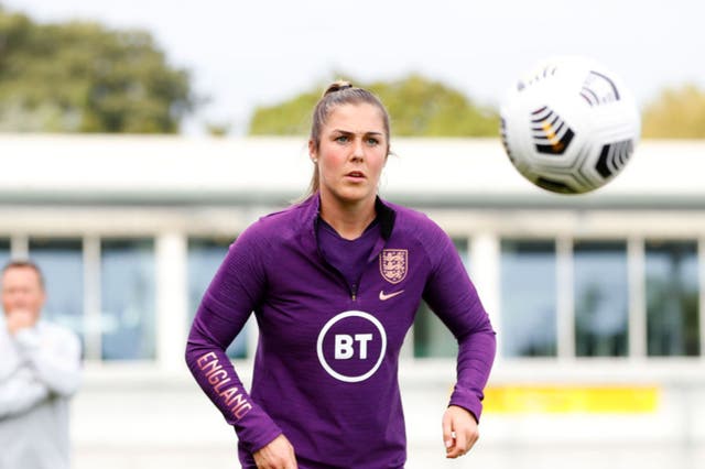 <p>Mary Earps of England looks on during a training session</p>