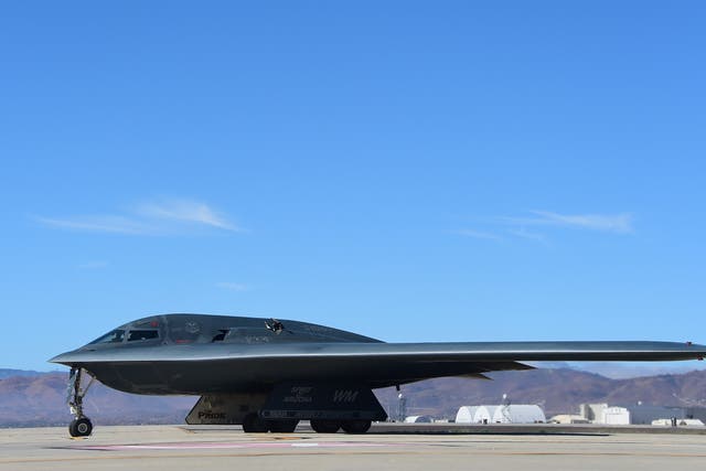 <p>File: A B-2 Stealth Bomber pulls up on the runway after landing at the Palmdale Aircraft Integration Center of Excellence in California in 2014</p>