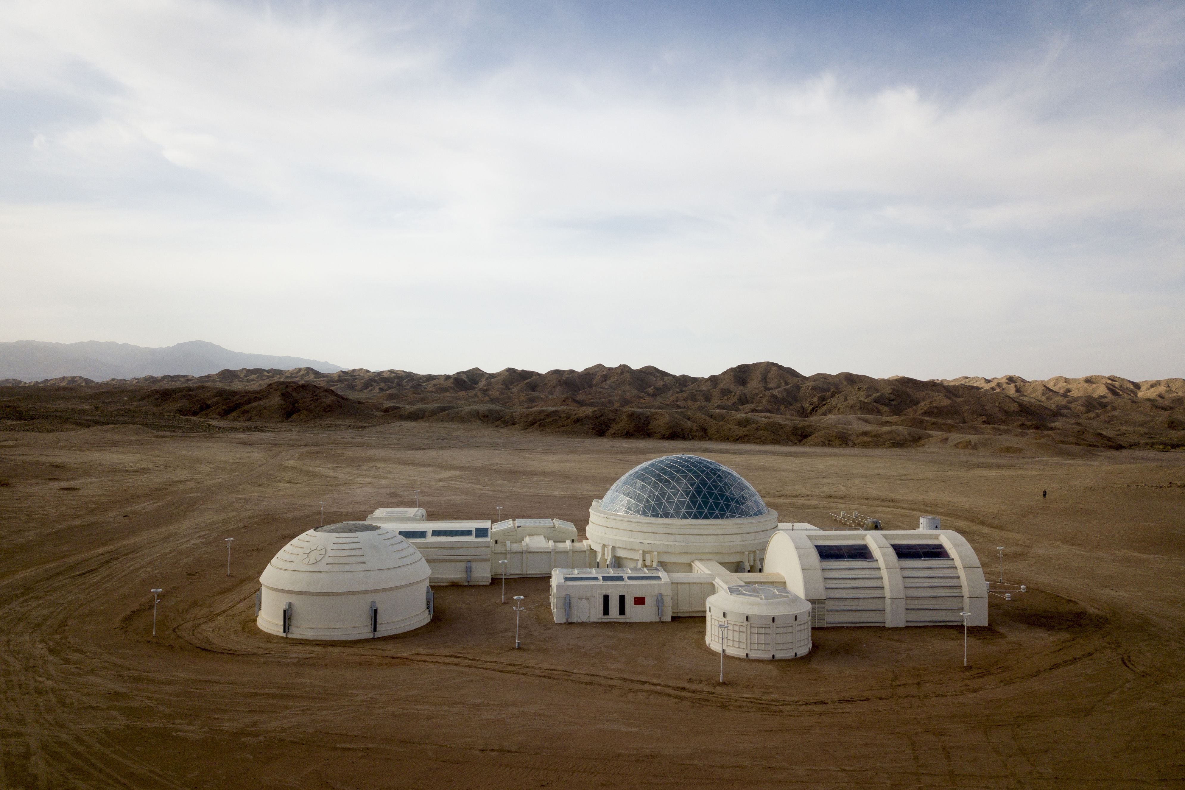 File: Aerial photo taken on 17 April 2019 shows ‘Mars Base 1’, a C-Space Project in the Gobi desert, some 40 kilometres away from Jinchang in China’s northwest Gansu province