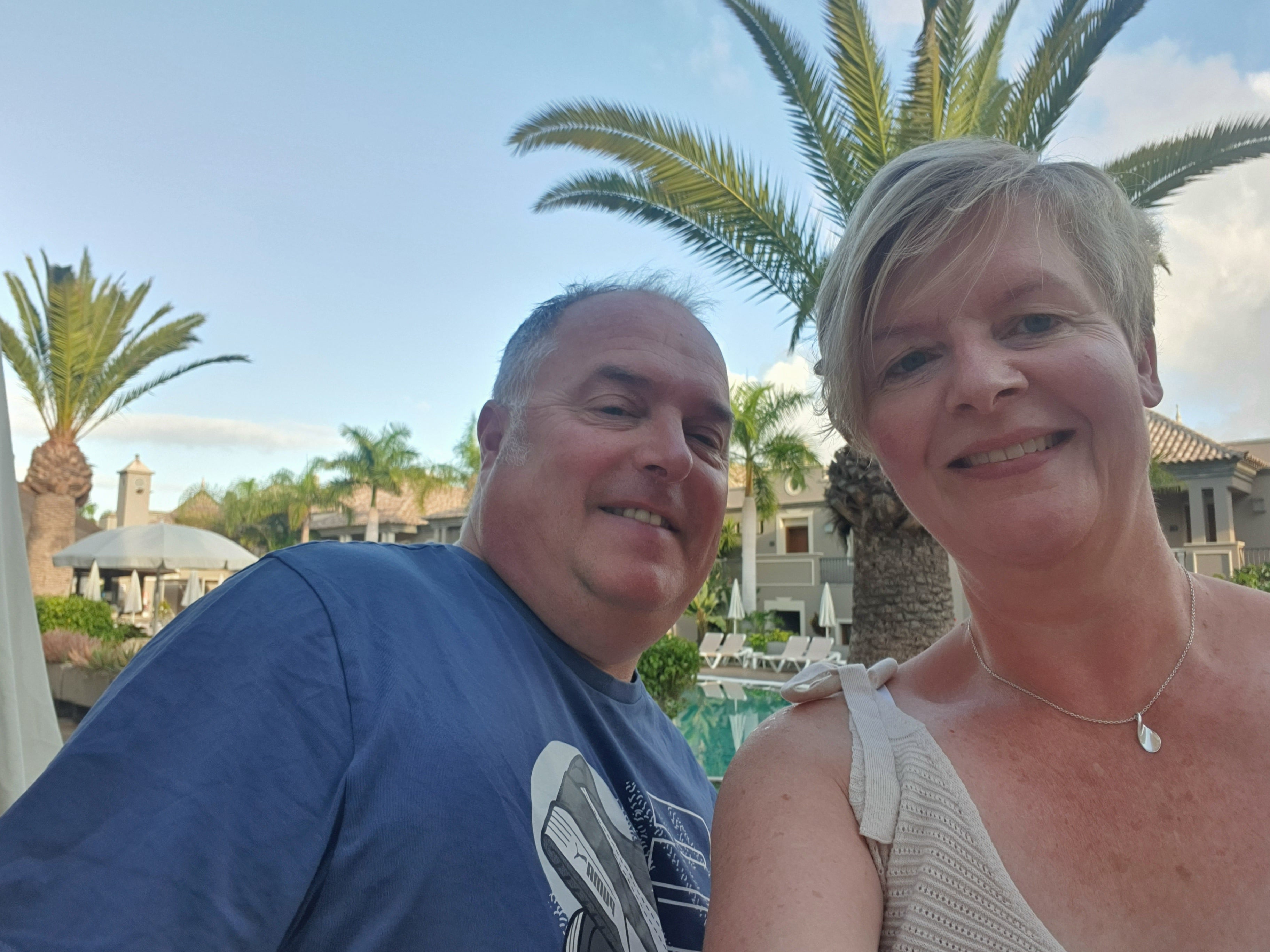 Sun days: Chris and Vanessa Pritchard-Wilkes finally arrived in Tenerife after a four-day delay