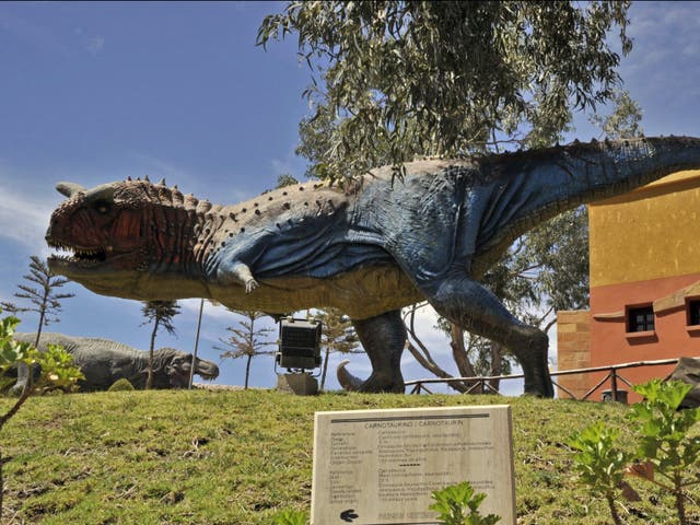<p>View of a Carnotaurus replica on dispaly at the Cretaceous Park in Cal Orcko hill in Sucre</p>