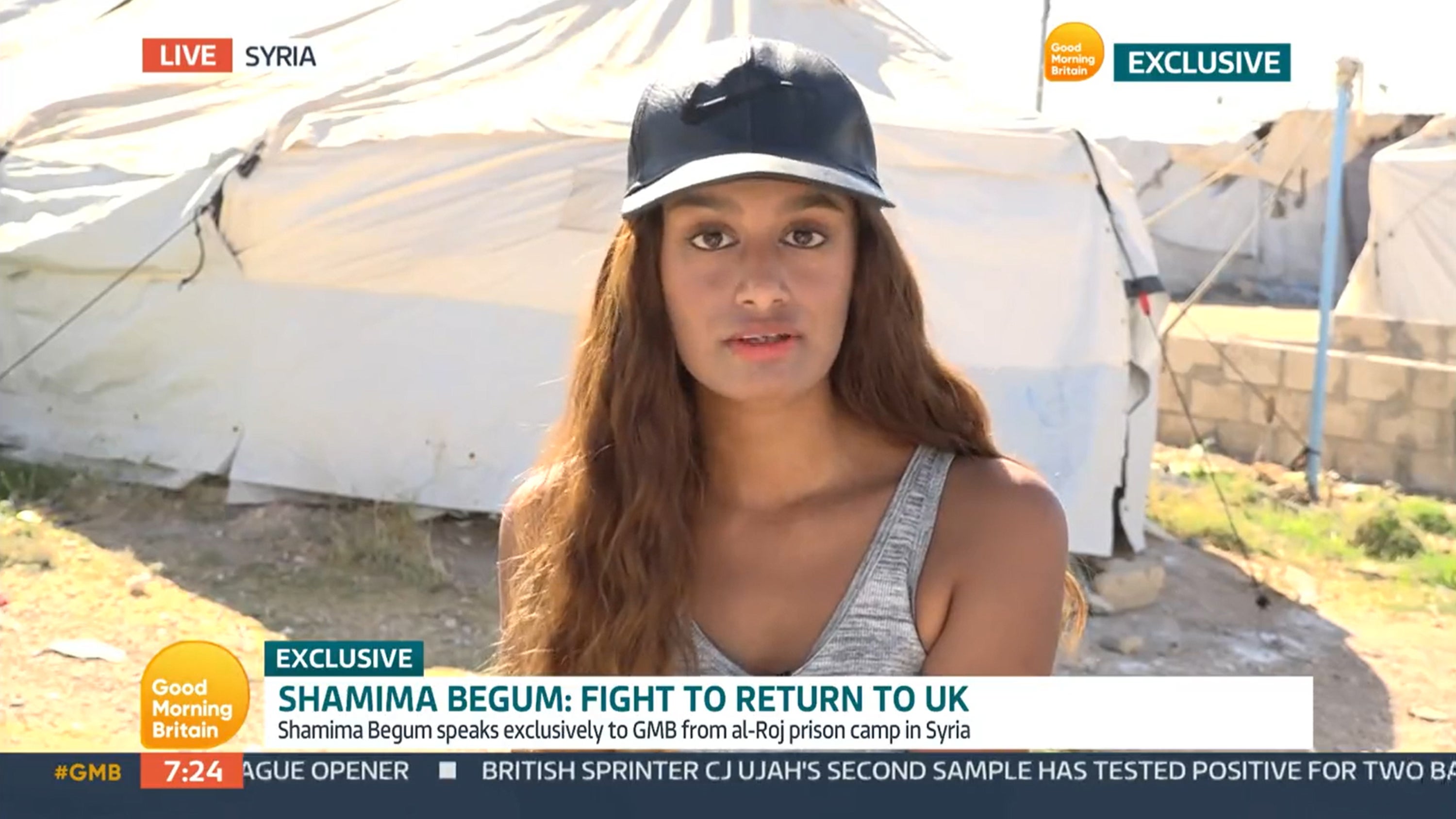 Video grab taken from ITV of Shamima Begum speaking to Good Morning Britain from the al-Roj prison camp in Syria