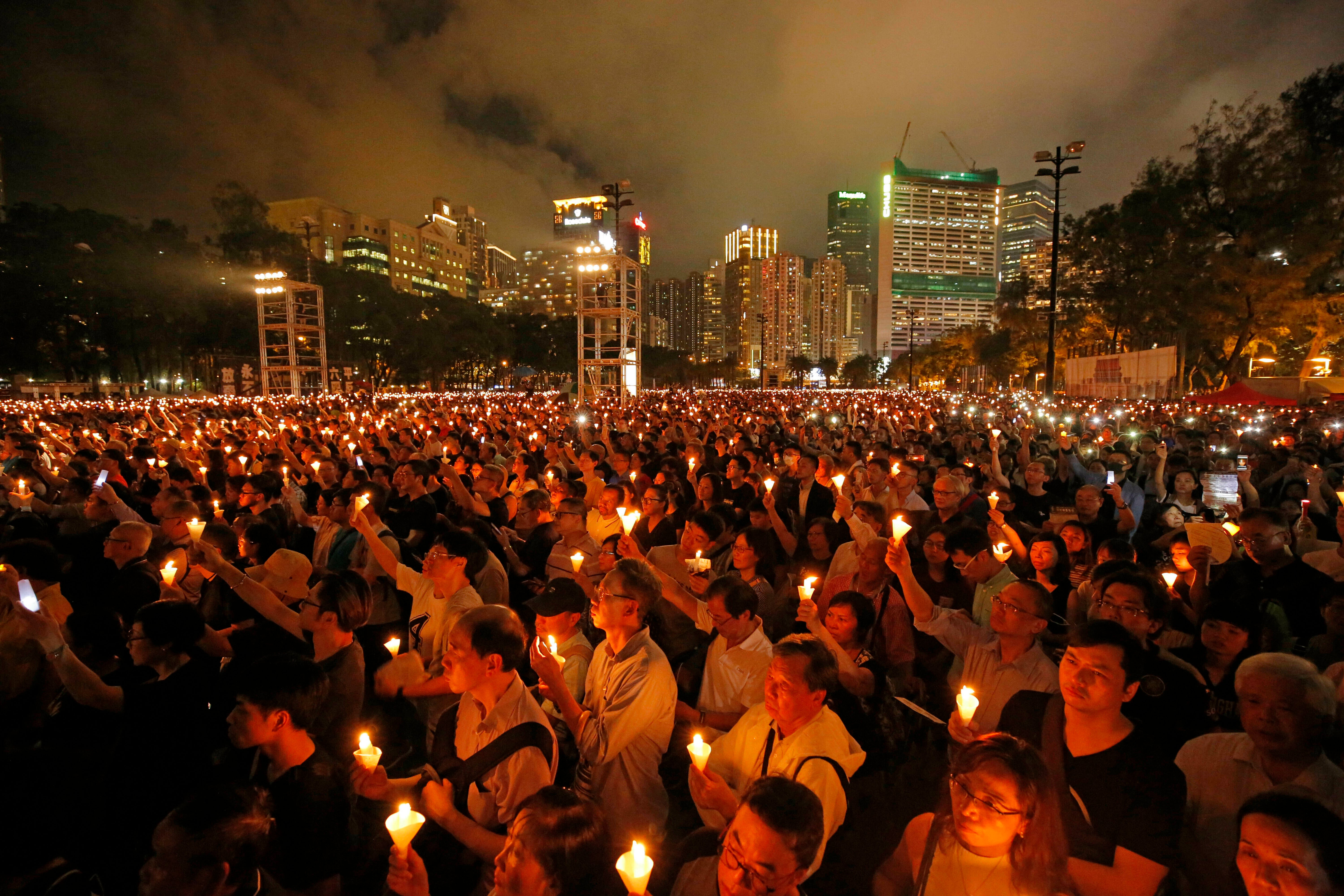 File Thousands of people attended a candlelight vigil for victims of the Chinese government’s brutal military crackdown three decades ago on protesters in Beijing’s Tiananmen Square at Victoria Park in Hong Kong in 2019