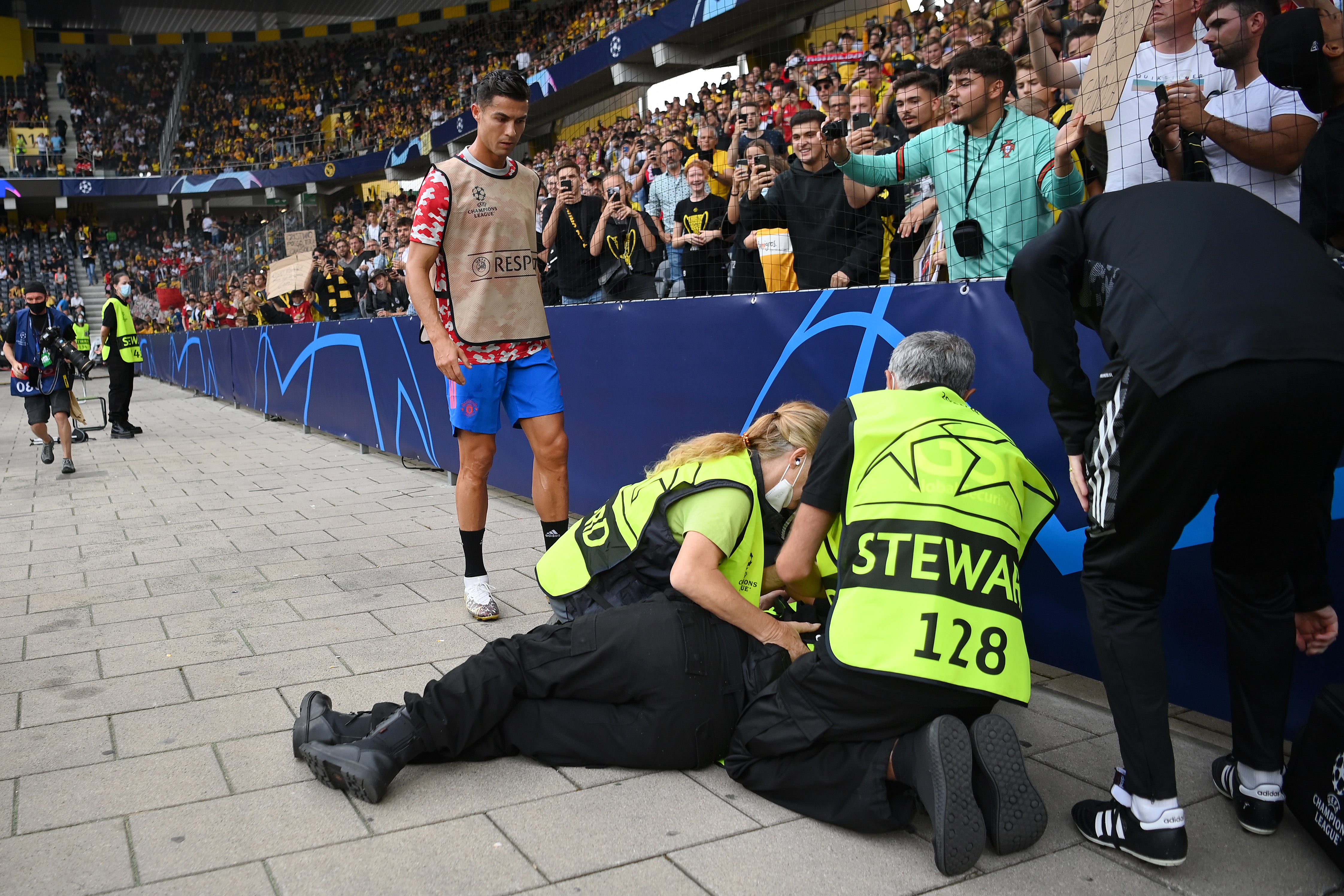 Cristiano Ronaldo struck a steward with a fierce shot during Manchester United’s warm-up