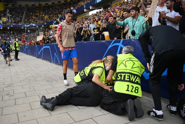 <p>Cristiano Ronaldo struck a steward with a fierce shot during Manchester United’s warm-up </p>