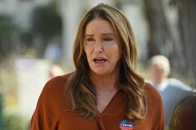 <p>Candidate Caitlyn Jenner speaks to the media after casting her ballot in the California gubernatorial recall election at a polling station at a polling station in Beverly Hills, California, September 14, 2021</p>