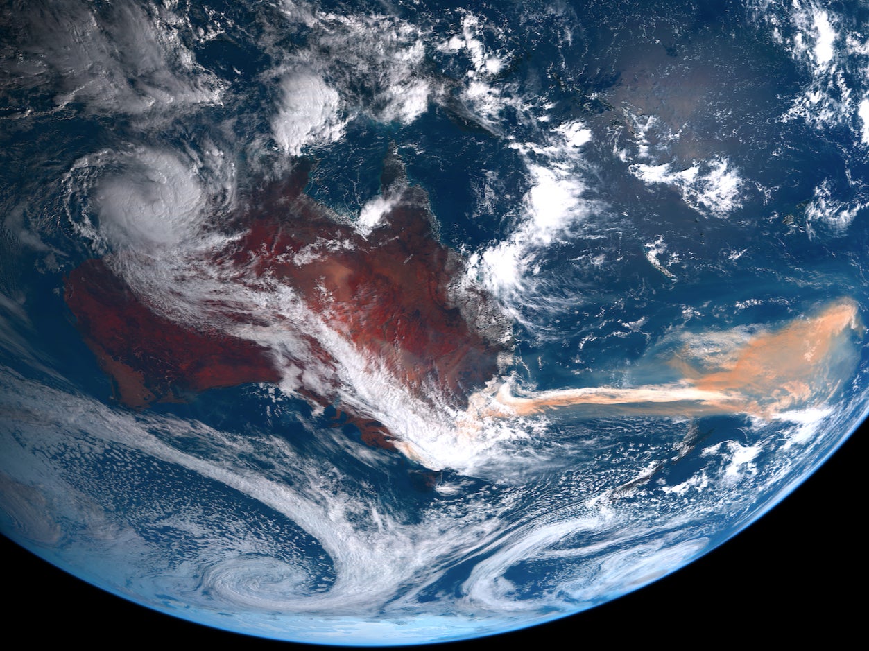 A satellite image shows smoke from the 2019-20 Australian wildfires covering parts of the Southern Ocean
