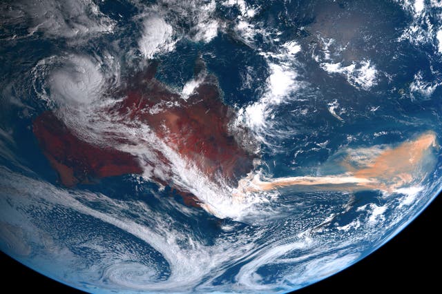 <p>A satellite image shows smoke from the 2019-20 Australian wildfires covering parts of the Southern Ocean</p>