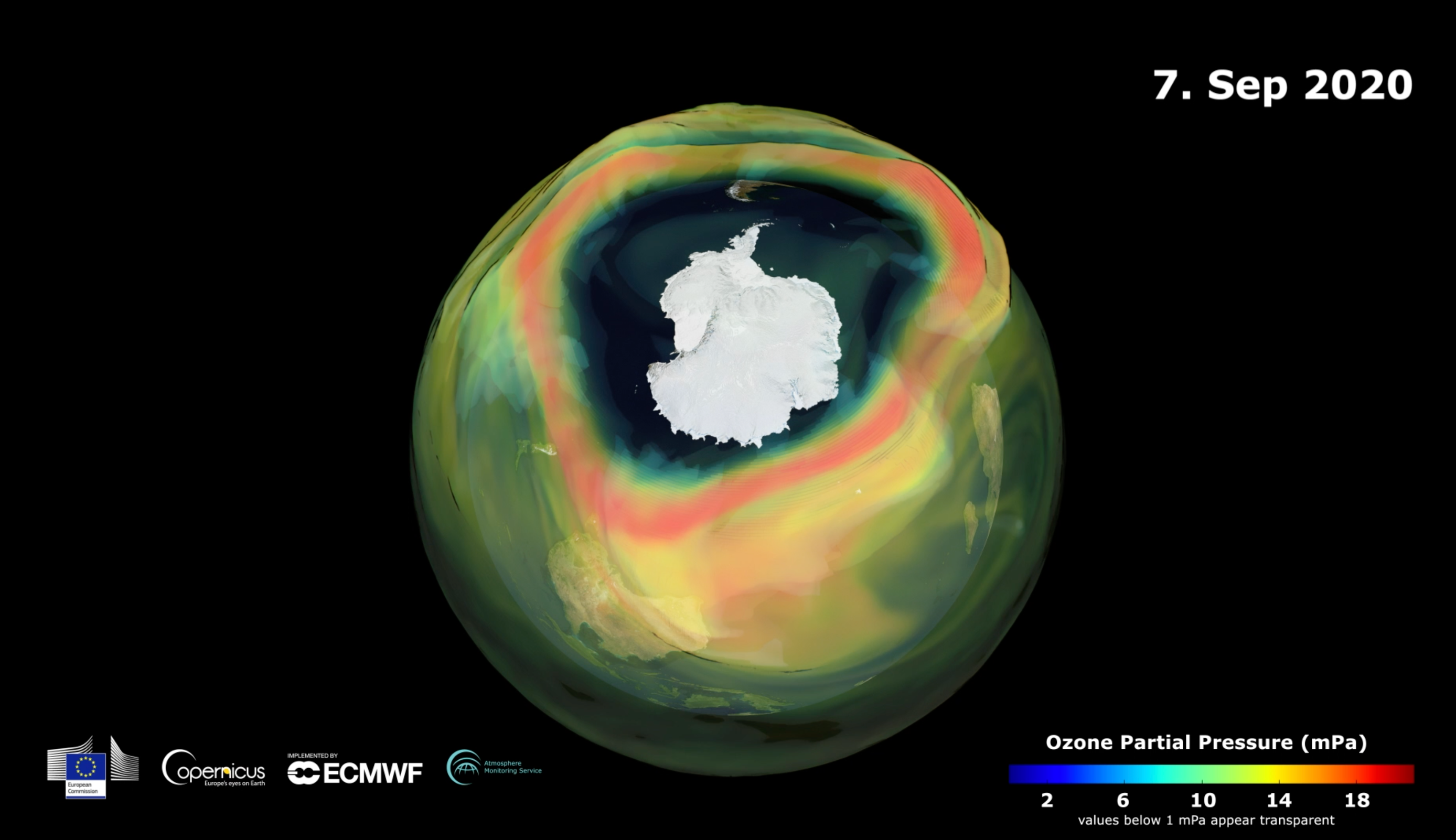 <p>A 3-D rendering of the hole in ozone layer over Antarctica in September 2020</p>
