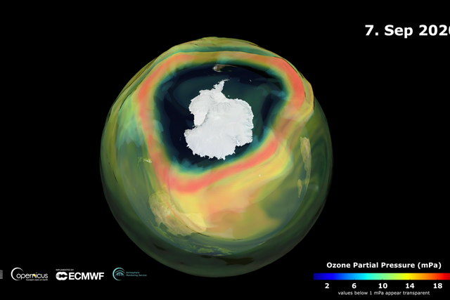 <p>A 3-D rendering of the hole in ozone layer over Antarctica in September 2020</p>