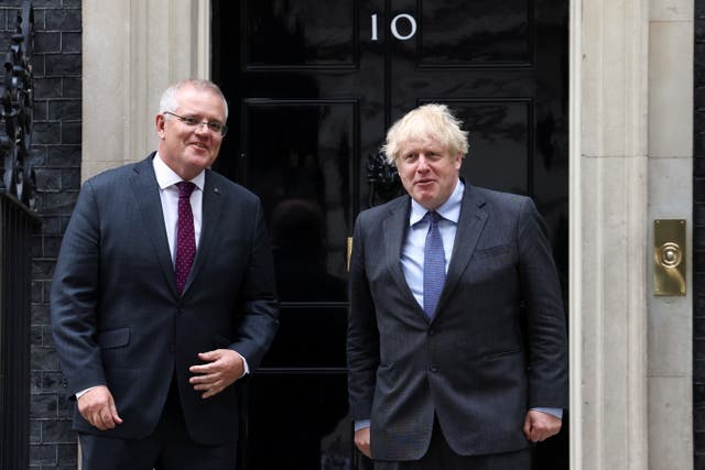 <p>Boris Johnson and Scott Morrison, two founders of the new Indo-Pacific security alliance, in June </p>