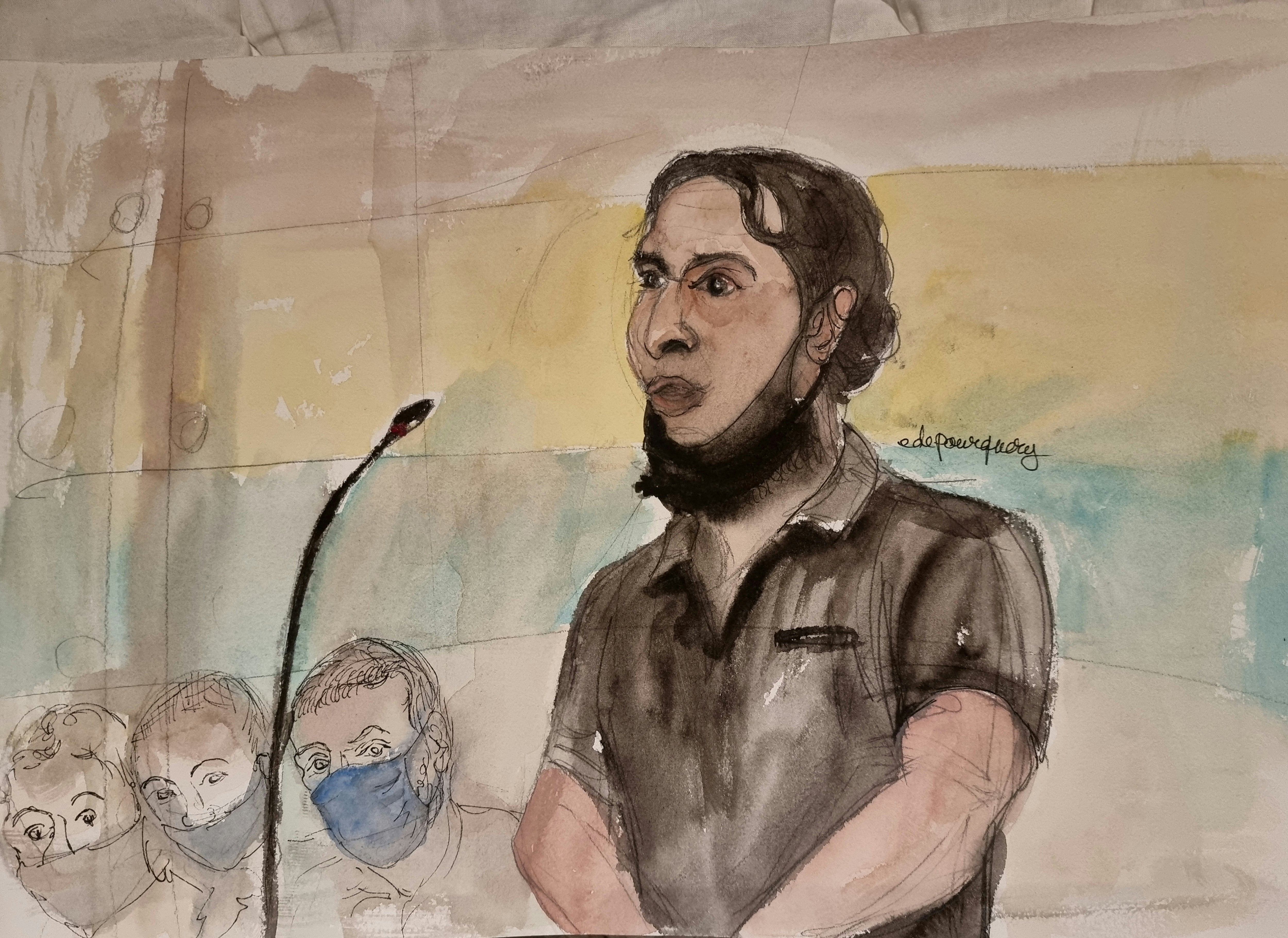 An artist’s sketch of Salah Abdeslam at this trial in France