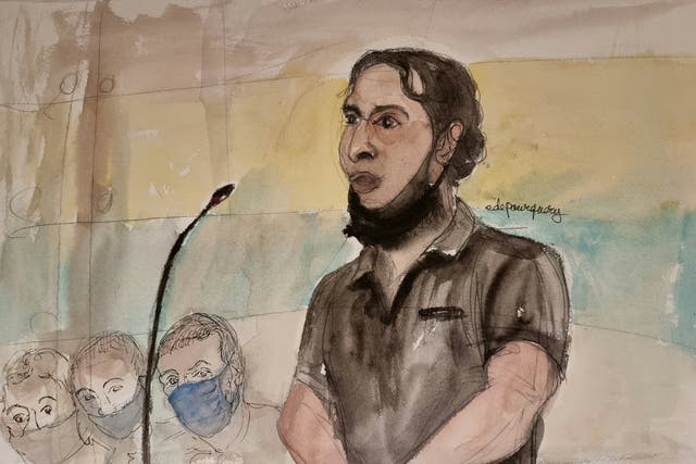 <p>An artist’s sketch of Salah Abdeslam at this trial in France </p>