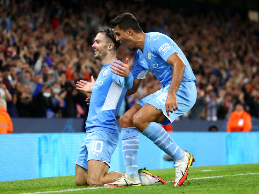 Jack Grealish celebrates scoring for Manchester City