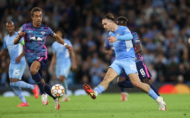 <p>Jack Grealish playing for Manchester City against RB Leipzig in the Champions League </p>