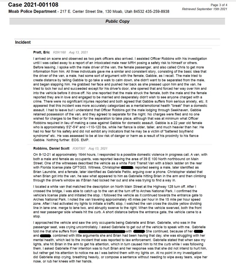 pA police report detailing an argument between Gabrielle Petito and Brian Laundrie.  /p