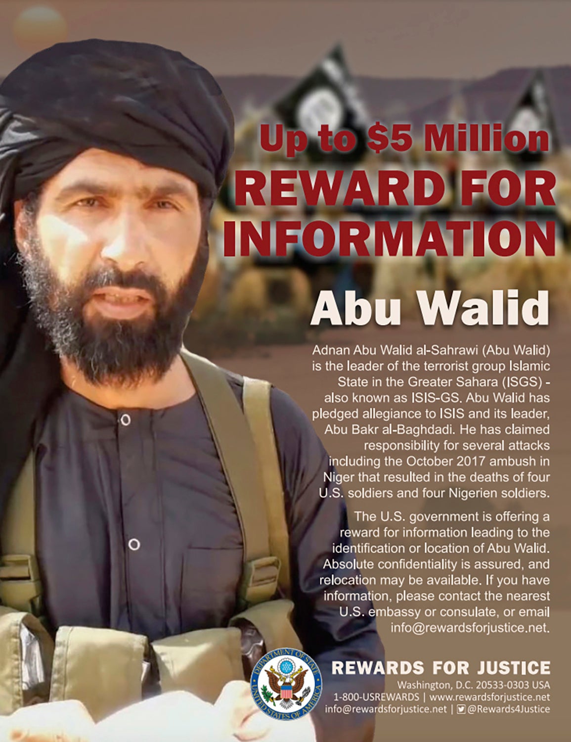 A wanted poster for Adnan Abu Walid al-Sahrawi who is believed to have been killed by France