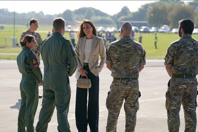 <p>The Duchess of Cambridge during a visit to RAF Brize Norton, near Oxford, to meet military personnel and civilians who helped evacuate Afghans from their country</p>