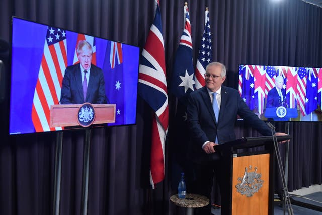 <p>Australian prime minister Scott Morrison announced the deal alongside President Joe Biden and Prime Minister Boris Johnson on Wednesday </p>
