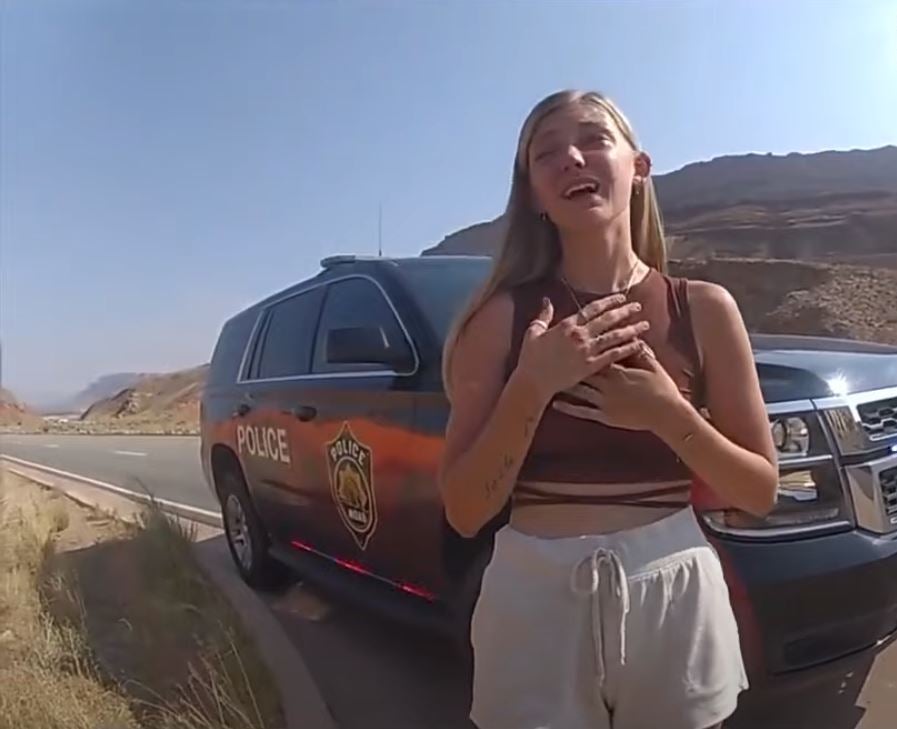 Police have released body-worn camera footage showing an emotional Gabby Petito after officers were called to a report of the couple fighting before her disappearance Credit: Moab City Police Department