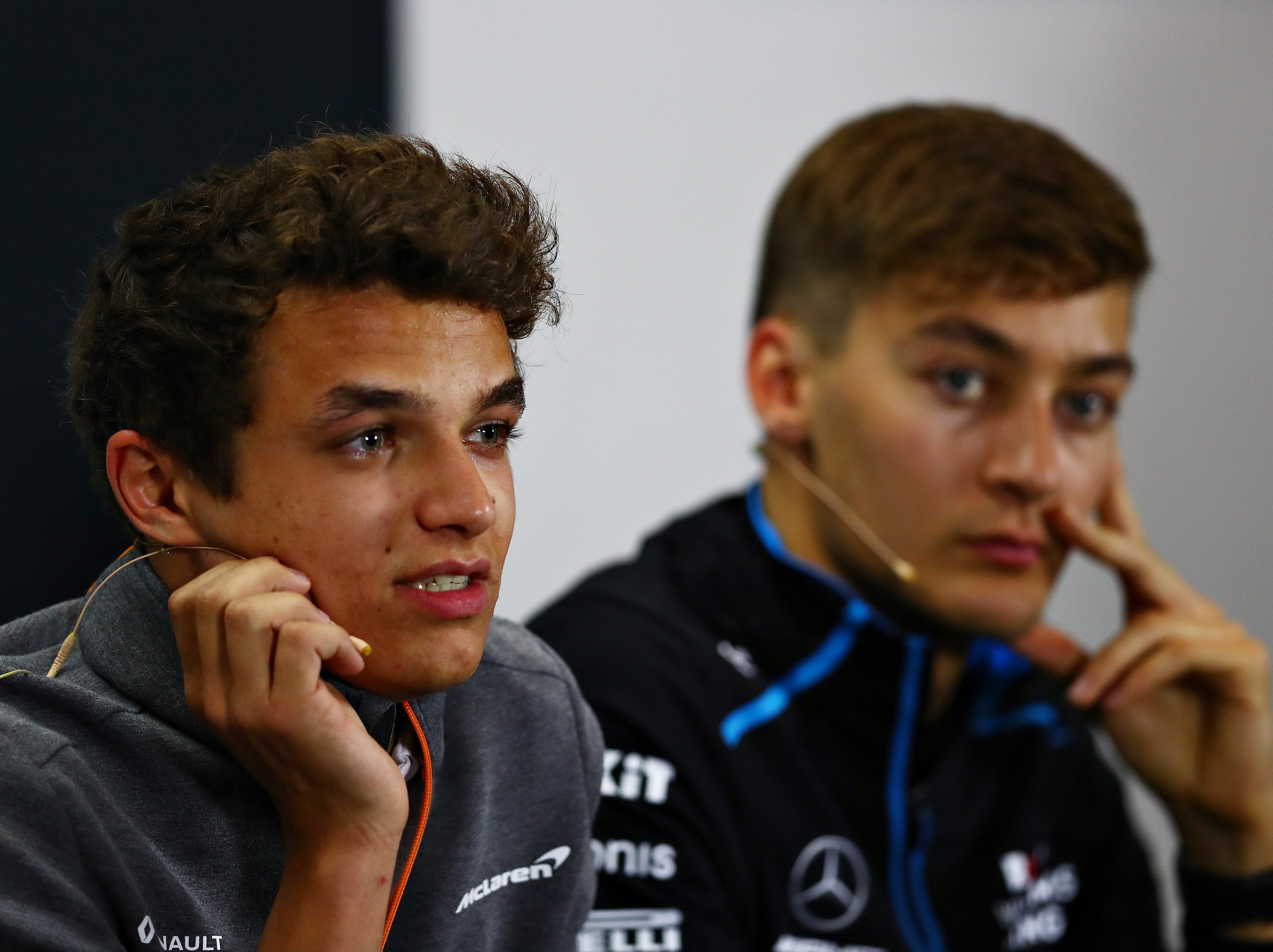 British Formula One drivers Lando Norris (left) and George Russell