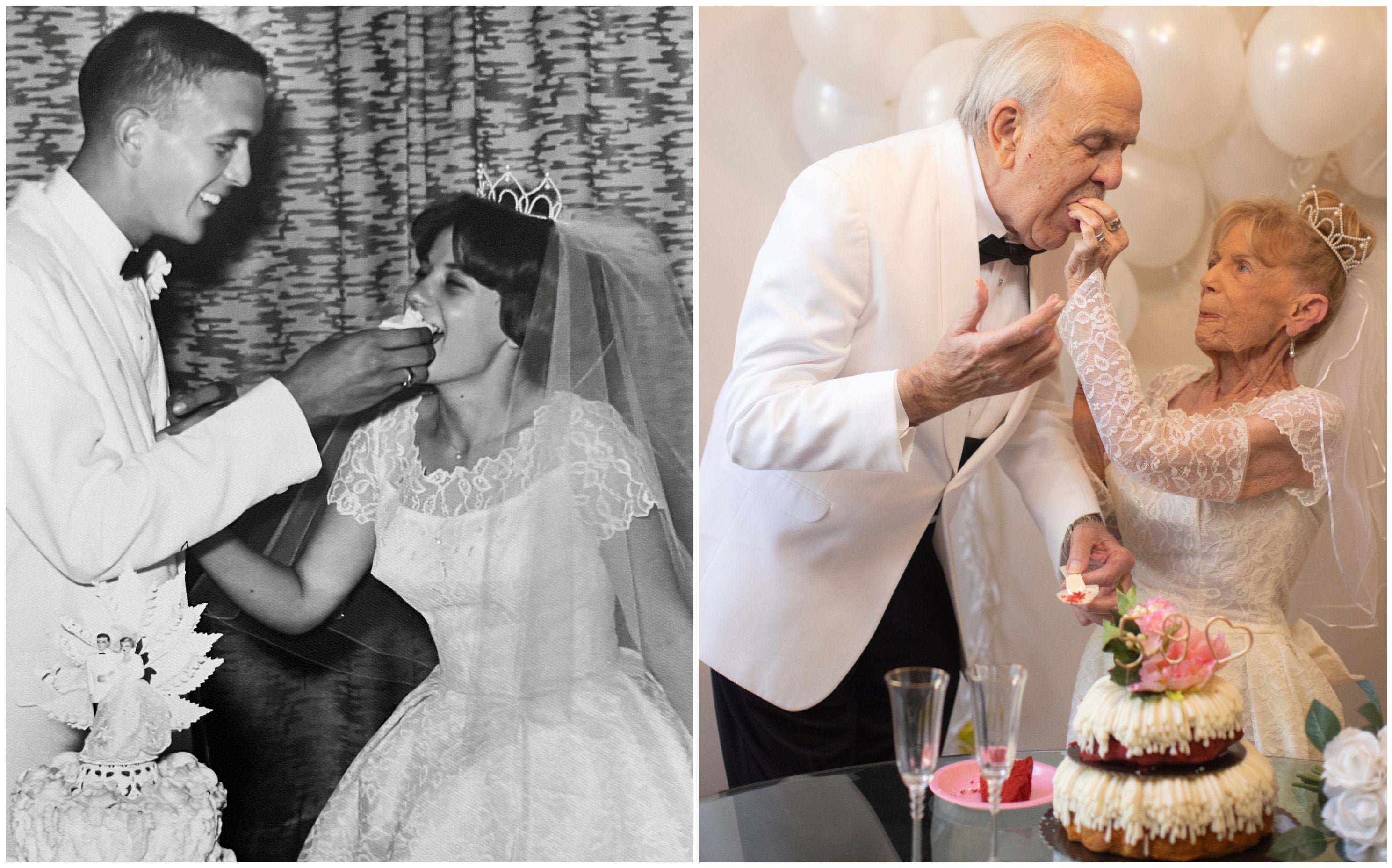 Karen and Gary Ryan wedding day, July 1962 (L) Recreating their wedding photos (R)