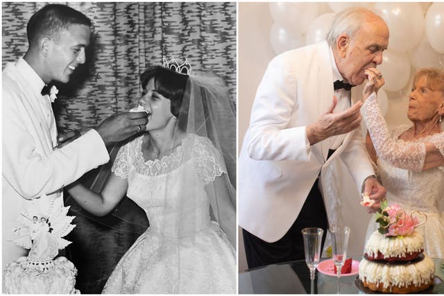 <p>Karen and Gary Ryan wedding day, July 1962 (L) Recreating their wedding photos  (R) </p>