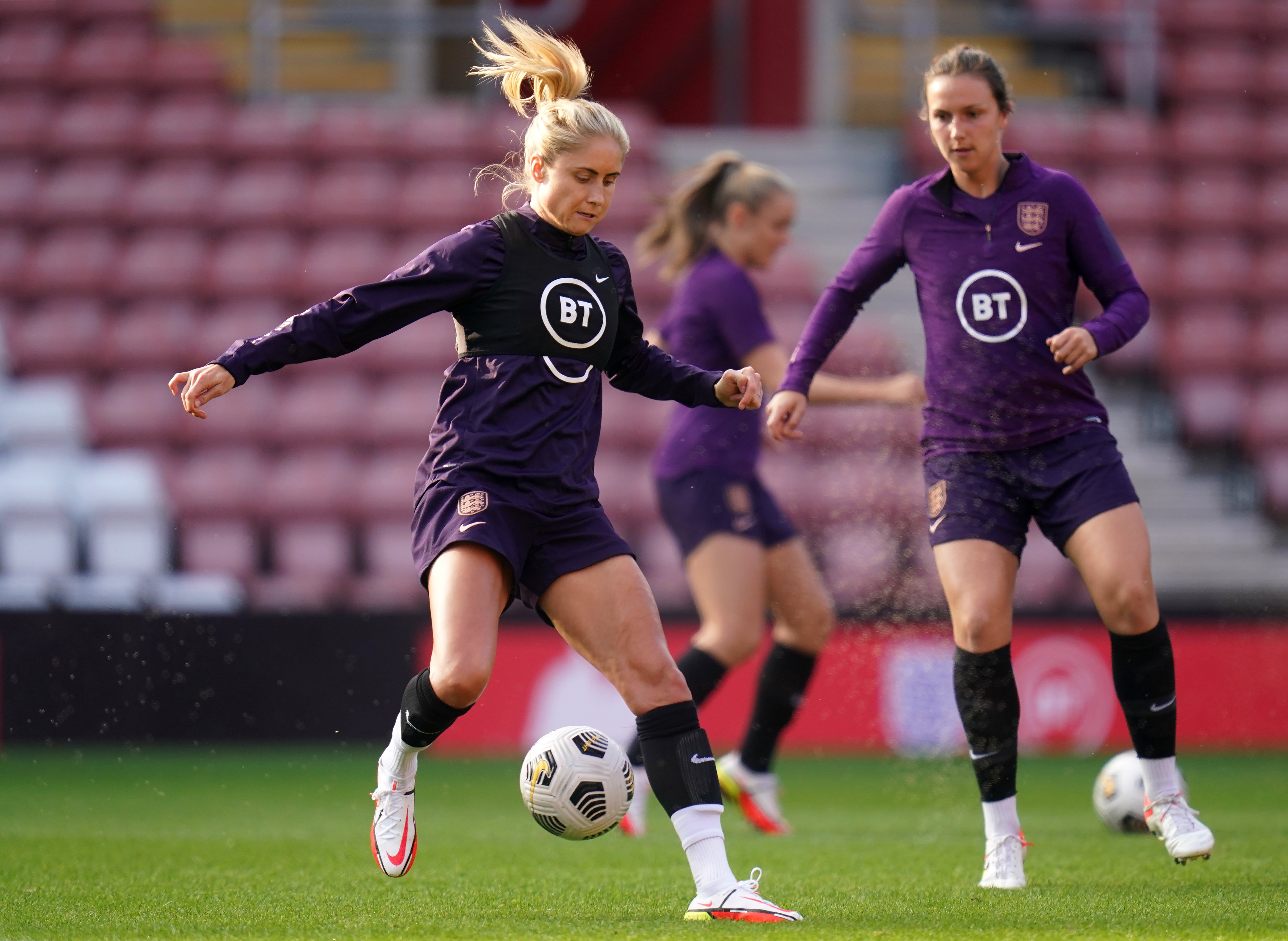 Wiegman was joined at Thursday’s press conference by England captain Steph Houghton (Andrew Matthews/PA).