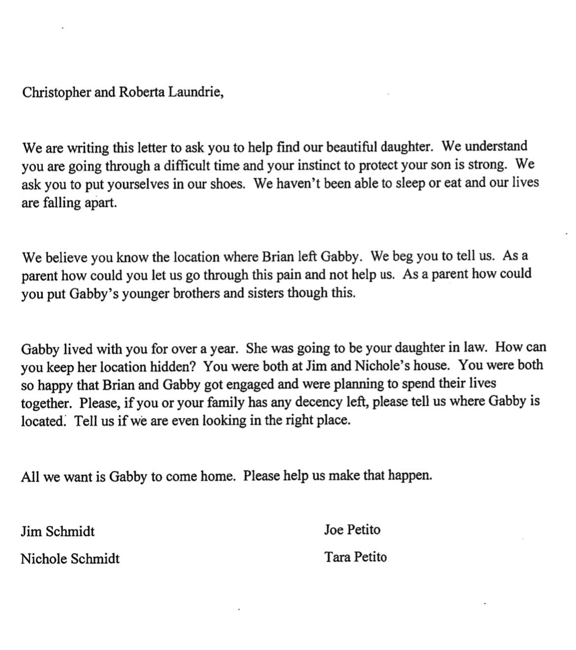 An open letter from the family of Gabby Petito to Mr Laundrie’s parents Christopher and Roberta