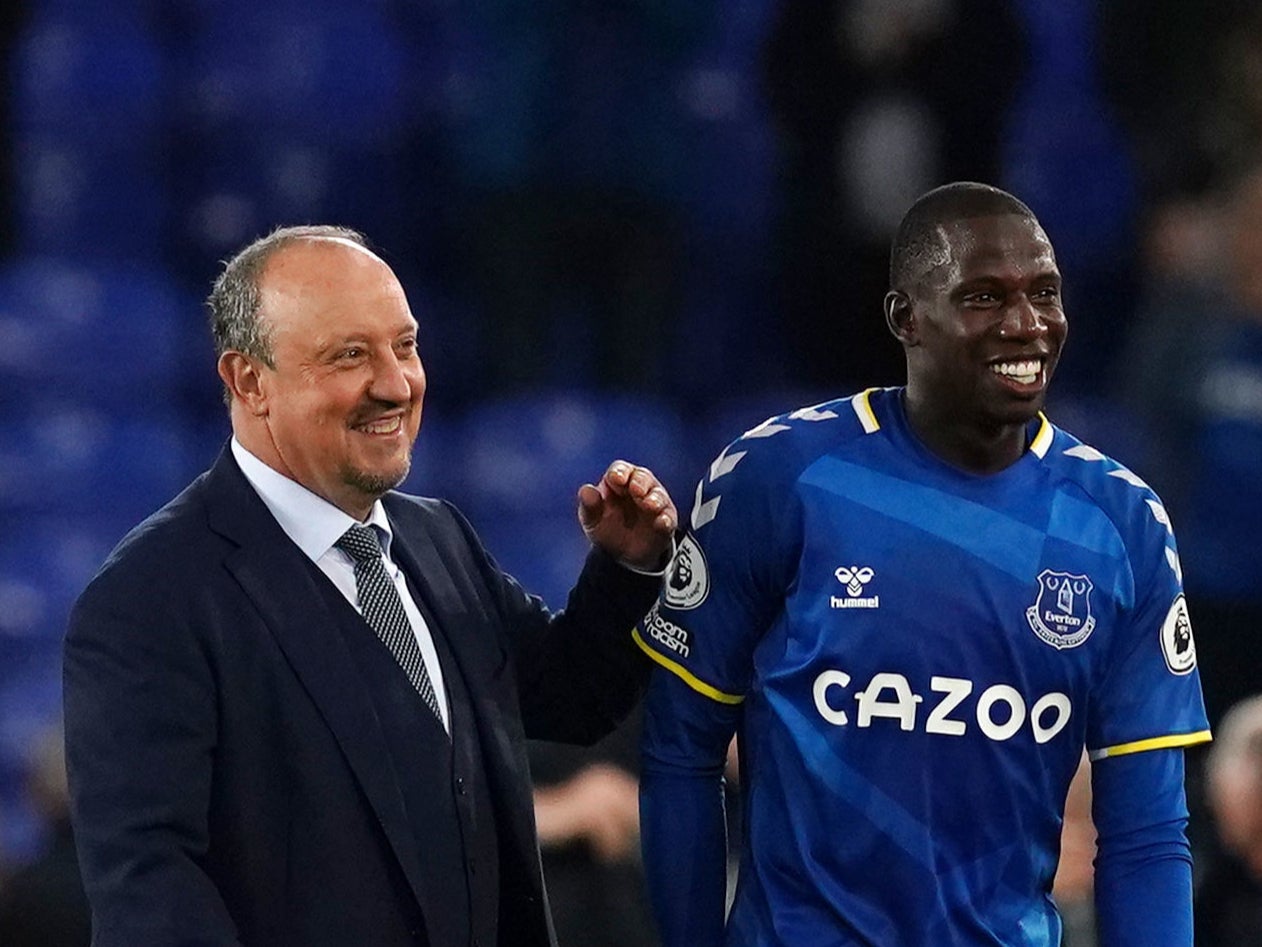 Rafa Benitez and Abdoulaye Doucoure celebrate after Monday’s win over Burnley at Goodison Park