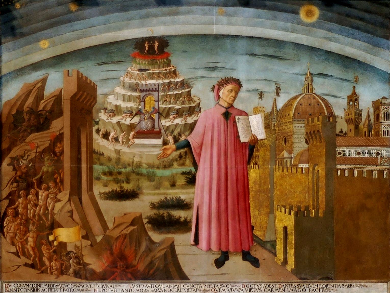 Dante holds a copy of the ‘Divine Comedy’ next to the entrance to hell, by Domenico di Michelino