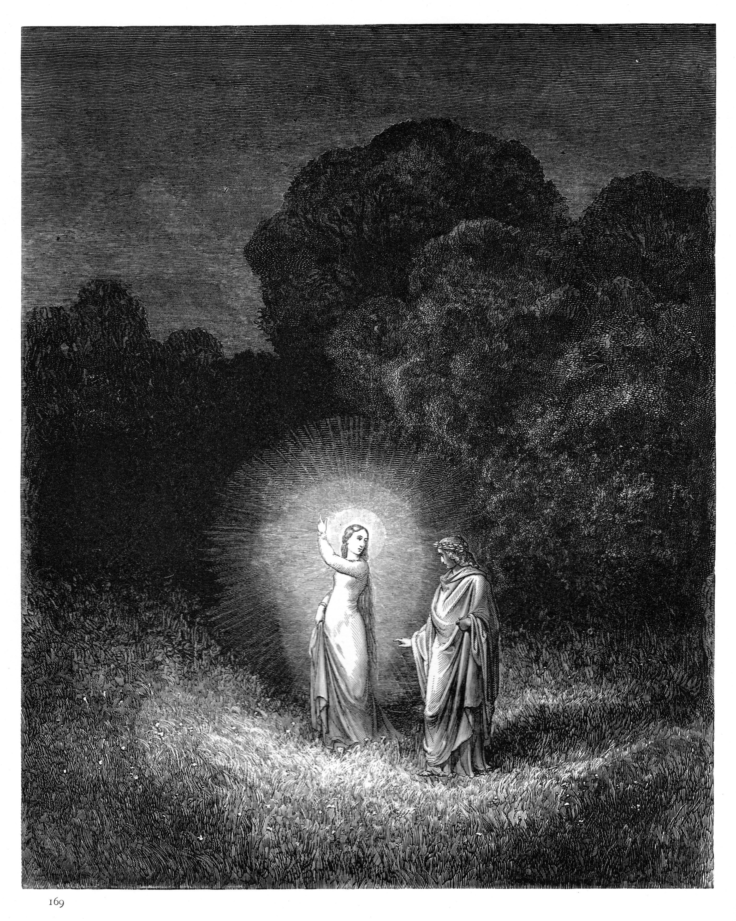 Beatrice and Virgil in the Garden of Eden, where the Divine Comedy ends