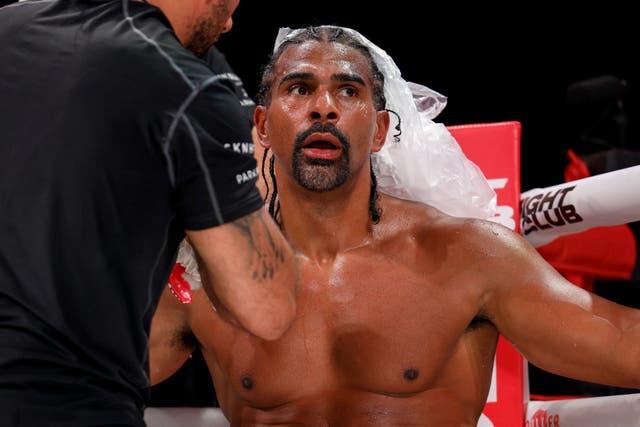 <p>David Haye between rounds of his fight against Joe Fournier this month</p>