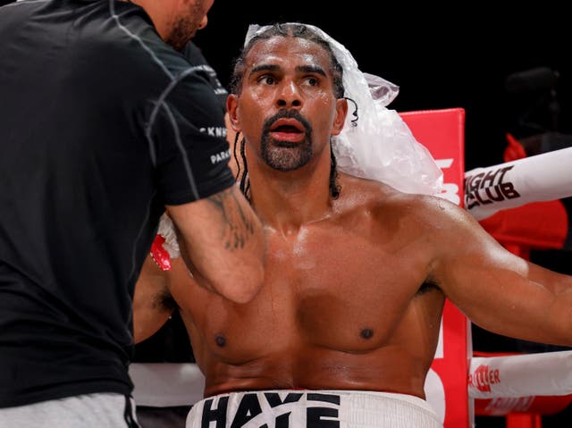 <p>David Haye between rounds of his fight against Joe Fournier this month</p>