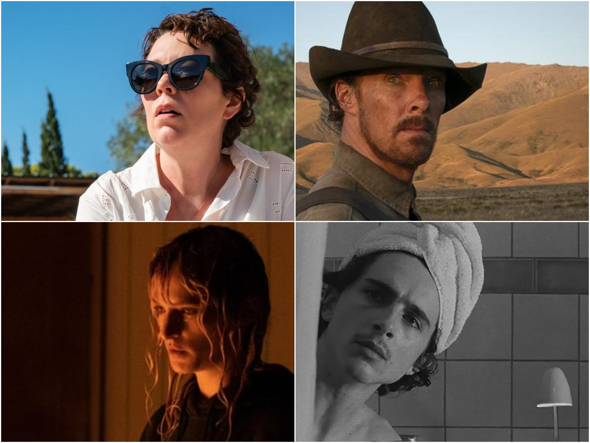 Clockwise from top right: Benedict Cumberbatch in ‘The Power of the Dog’, Timothée Chalamet in ‘The French Dispatch’, Agathe Rousselle in ‘Titane’ and Olivia Colman in ‘The Lost Daughter'