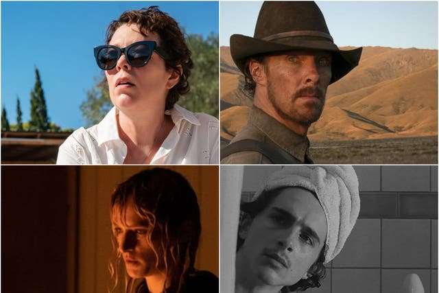 <p>Clockwise from top right: Benedict Cumberbatch in ‘The Power of the Dog’, Timothée Chalamet in ‘The French Dispatch’, Agathe Rousselle in ‘Titane’ and Olivia Colman in ‘The Lost Daughter'</p>
