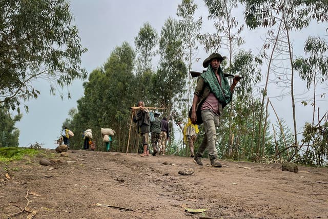 <p>An unidentified armed militia fighter walks down a path as villagers flee with their belongings in the other direction, near the village of Chenna Teklehaymanot, in the Amhara region of northern Ethiopia </p>