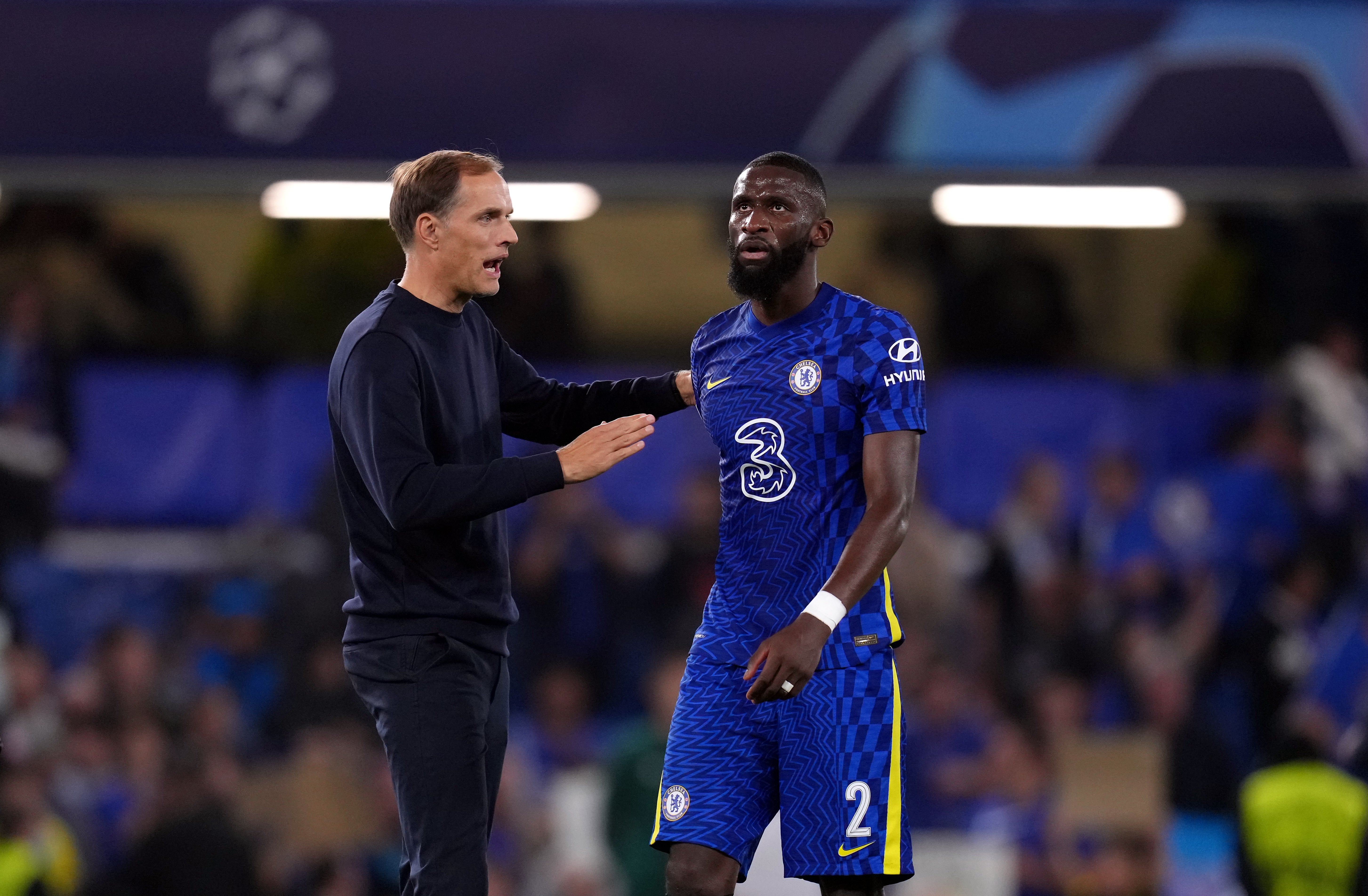 Thomas Tuchel, left, chats with Toni Rudiger, right, after Chelsea’s 1-0 Champions League win over Zenit St Petersburg (John Walton/PA)